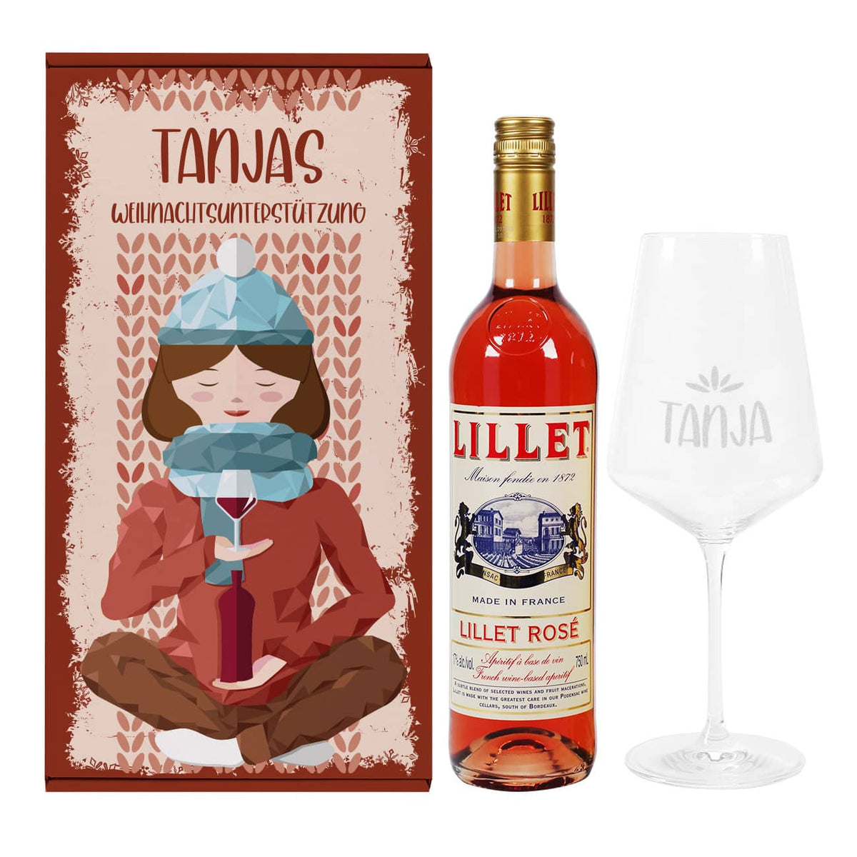Lillet Präsent gegen Weihnachtsstress mit graviertem Glas und toller Geschenkbox