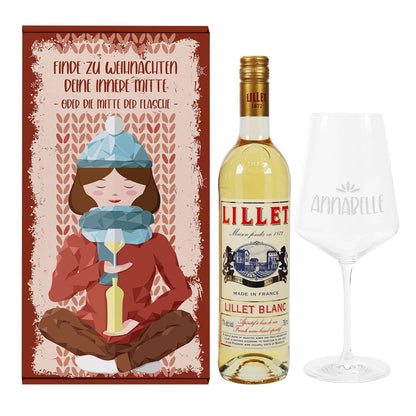 Humorvolles Lillet-Geschenkset für eine stressfreie Weihnachtszeit mit graviertem Glas und Lillet Blanc