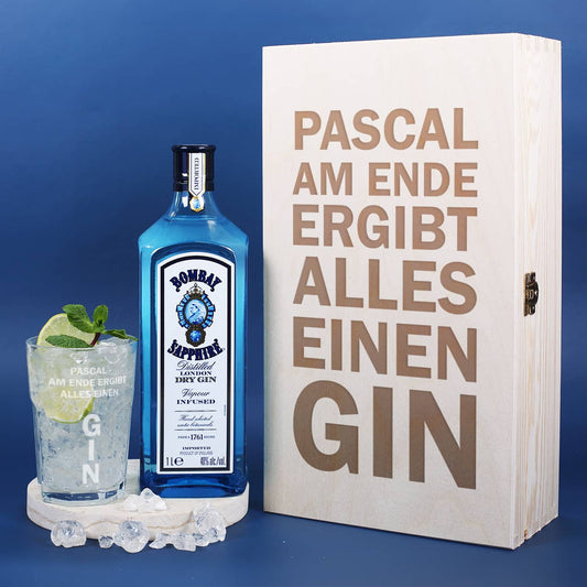 Bombay Sapphire London Dry Gin mit graviertem Glas und Holzkiste