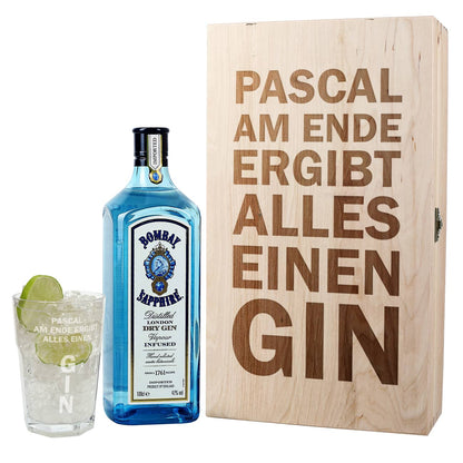 Bombay Sapphire London Dry Gin mit graviertem Glas und Holzkiste