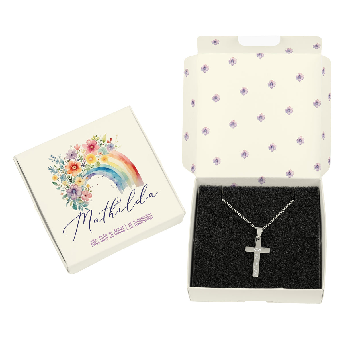 Gravierte Halskette mit Kreuz in Geschenkbox zu Kommunion, Konfirmation, Taufe