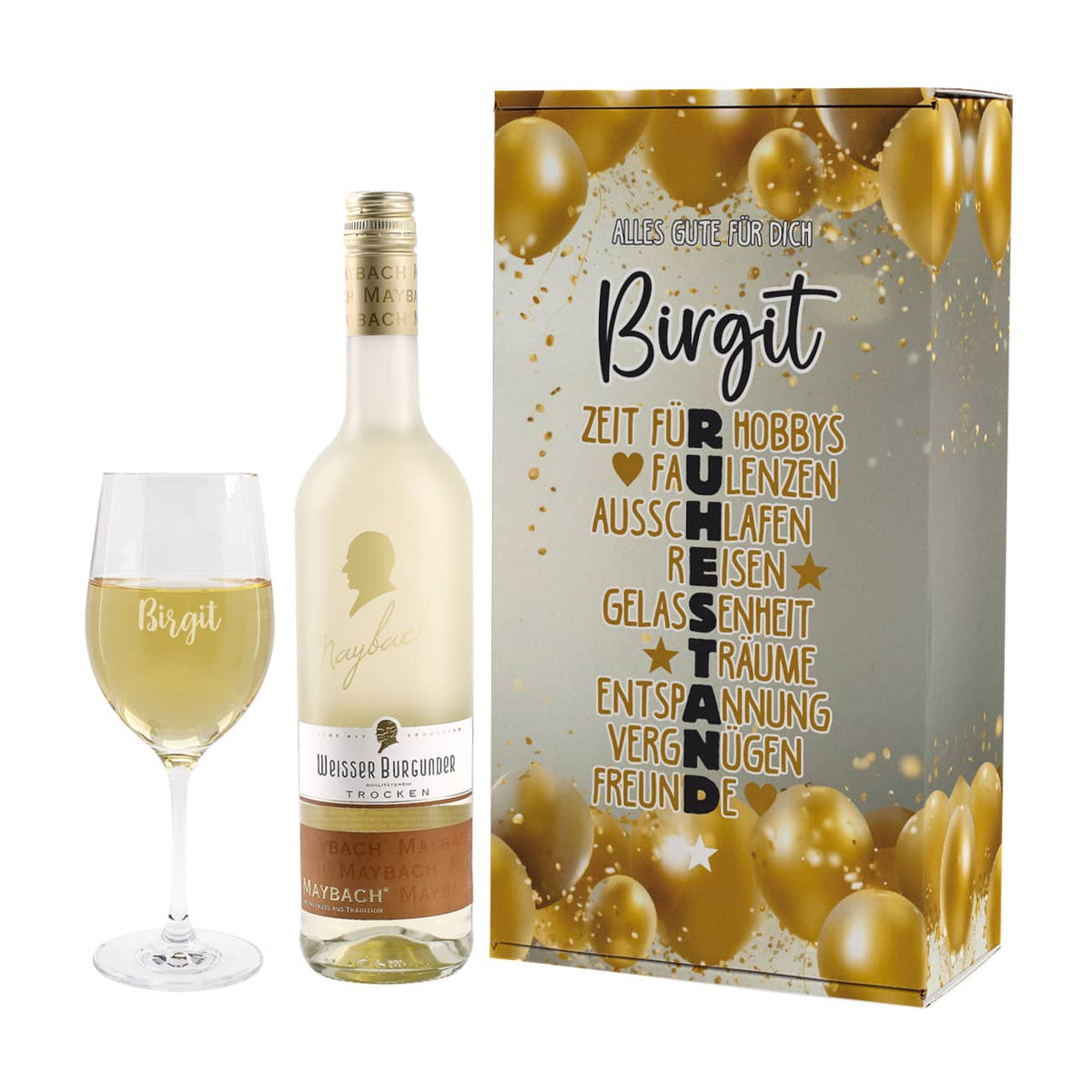 Weinset zum Ruhestand mit Maybachwein und graviertem Glas