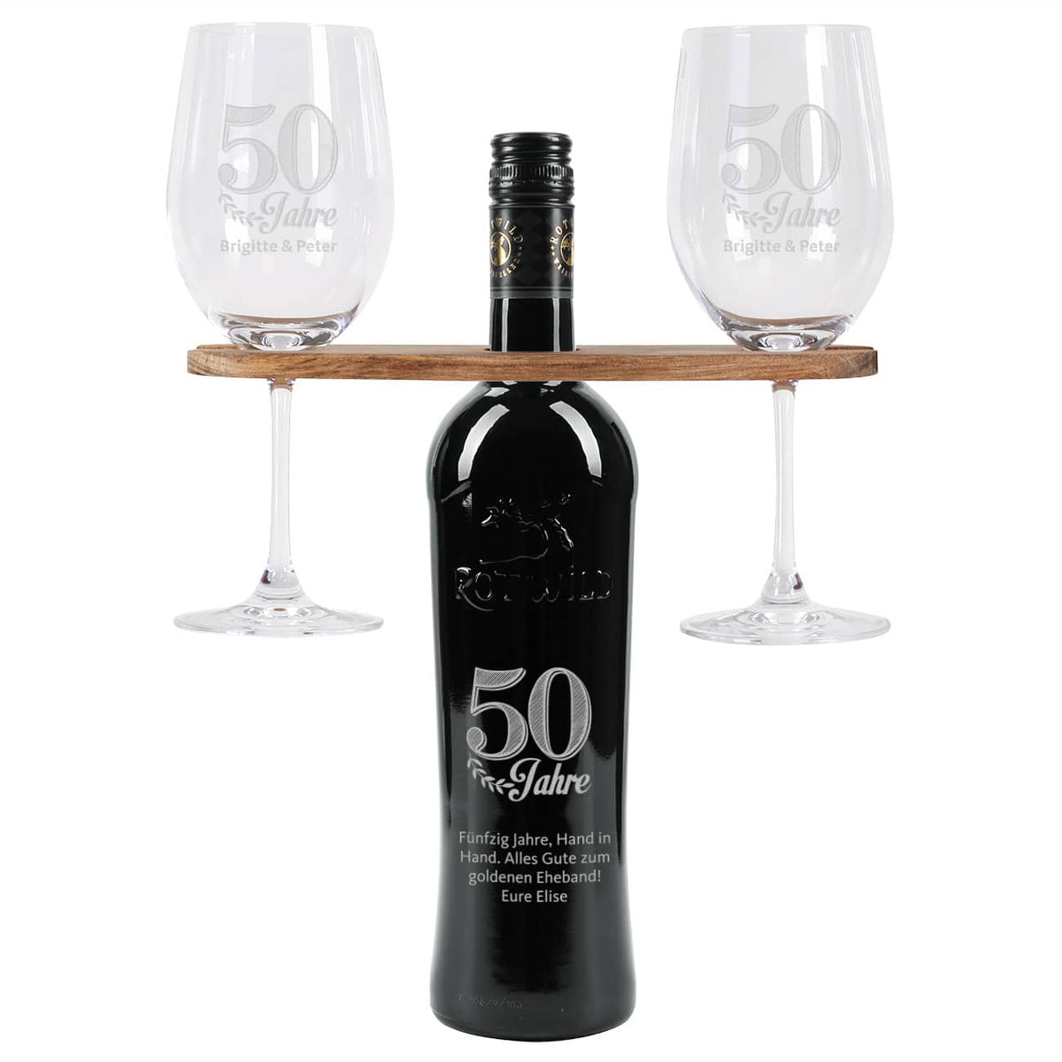 Wein-Geschenkset zur goldenen Hochzeit mit Wunschtext und Namen des Paares