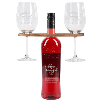 Goldene Hochzeit - Graviertes Geschenkset mit Weinflasche, Weingläsern und Weinbutler