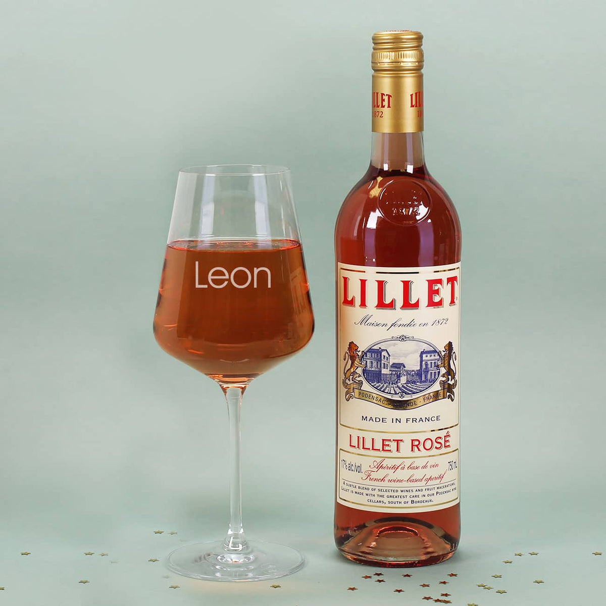Lillet Rosé & Weinglas mit Namensgravur
