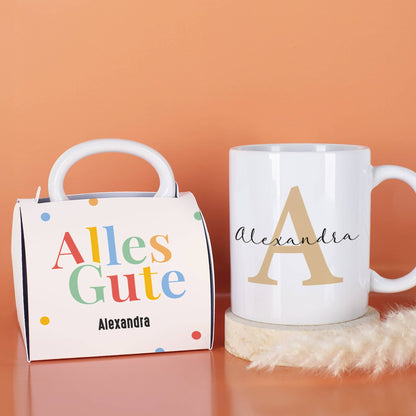 Tasse mit Name & Initial personalisiert - verpackt in persönlicher Tassentasche