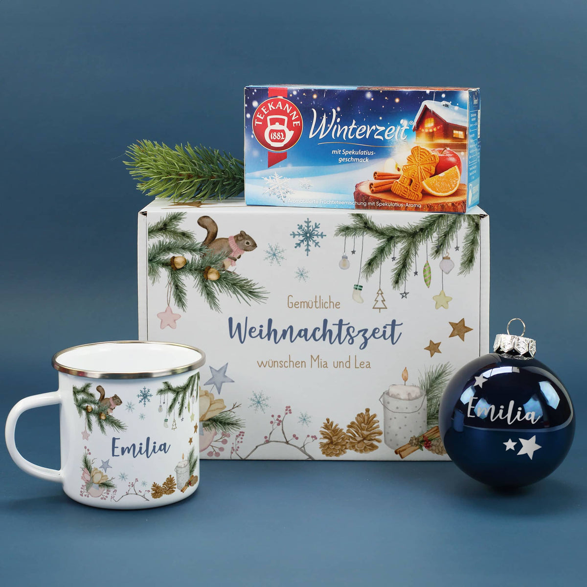 Gemütliche Weihnachten Geschenkset mit Christbaumkugel, Tasse, Tee und Geschenkbox