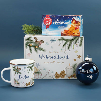 Gemütliche Weihnachten Geschenkset mit Christbaumkugel, Tasse, Tee und Geschenkbox