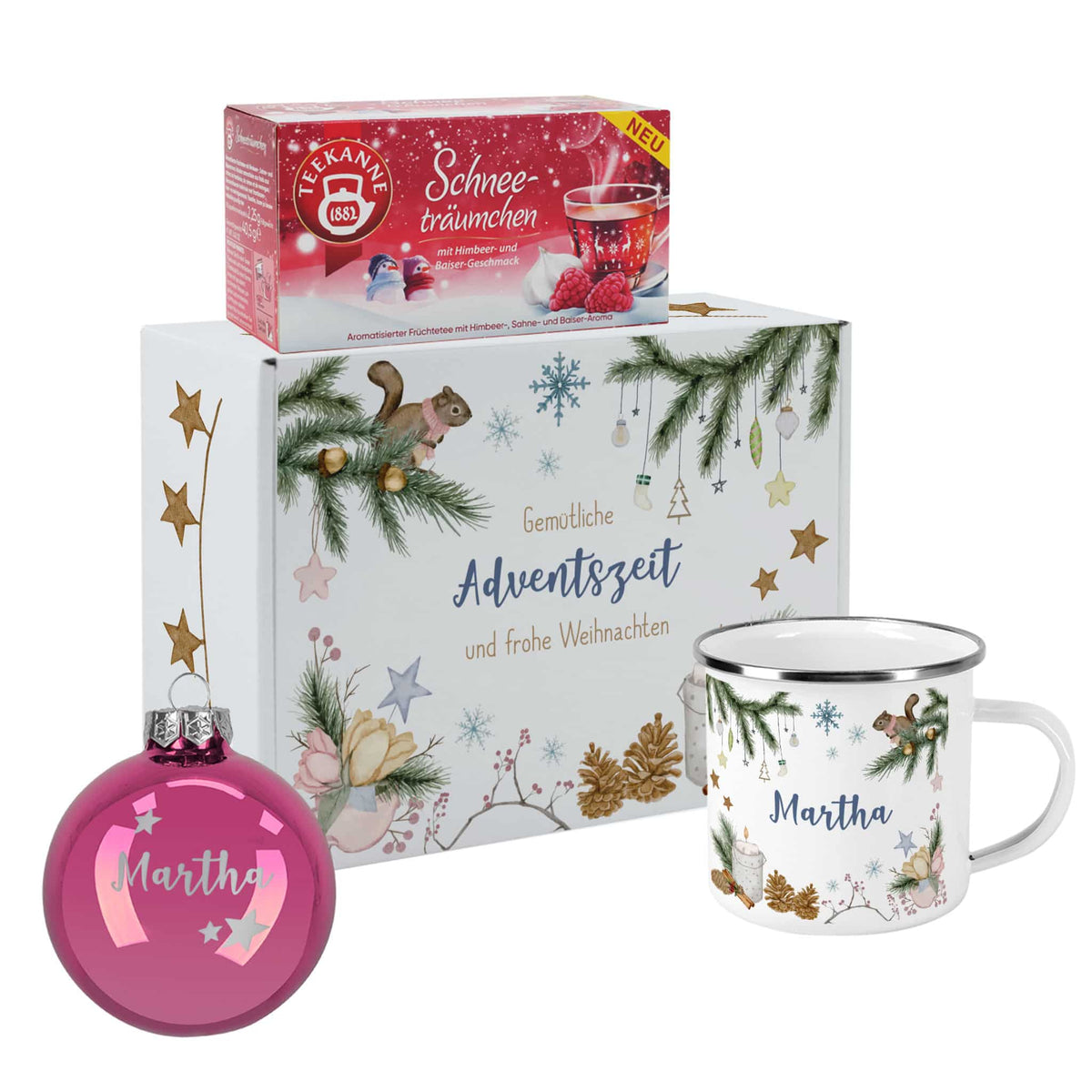 Geschenkset zu Weihnachten mit Emailletasse, gravierter Christbaumkugel in pink und Tee
