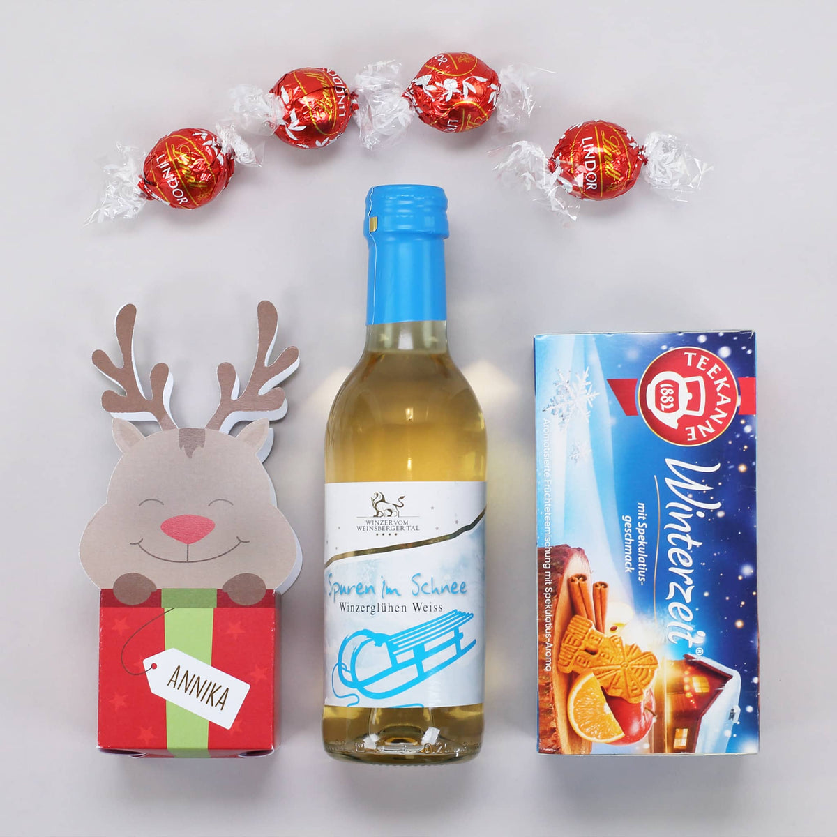 Geschenkset mit Glühwein, Schokolade und Tee zu Weihnachten