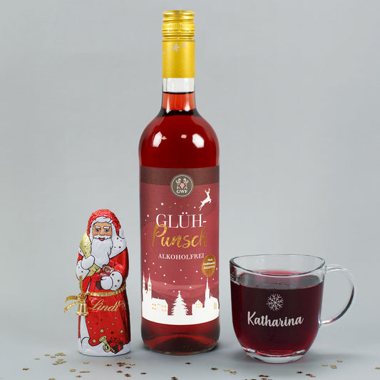Alkoholfreier Glühpunsch mit Schoko-Weihnachtsmann und personalisierter Glastasse Katharina als Weihnachtsgeschenk
