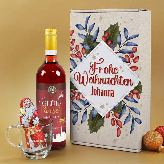 Weihnachtliches Geschenkset mit alkoholfreiem Glühpunsch, Schokoladen-Nikolaus, personalisiertem Glas mit Name Johanna und Geschenkverpackung