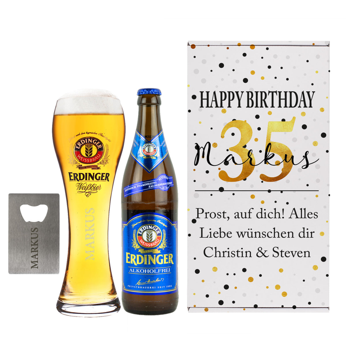 Erdinger Bier-Set zum Geburtstag mit Glas, Bier, Flaschenöffner und Box | Sorte wählbar