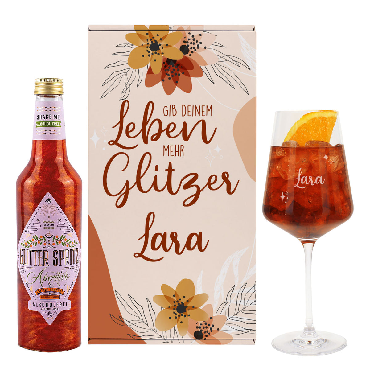 Gib Deinem Leben mehr Glitzer - Glitter Spritz Geschenkset mit personalisiertem Weinglas