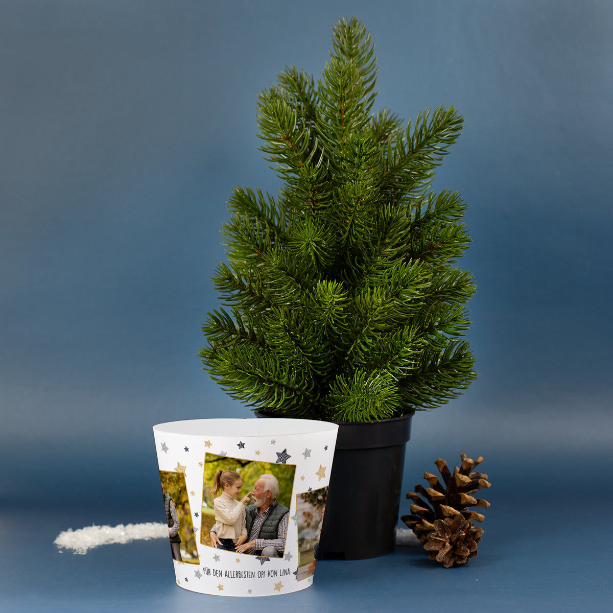 Detailansicht Mini-Weihnachtsbaum mit Foto-Banderole und individuellem Wunschtext