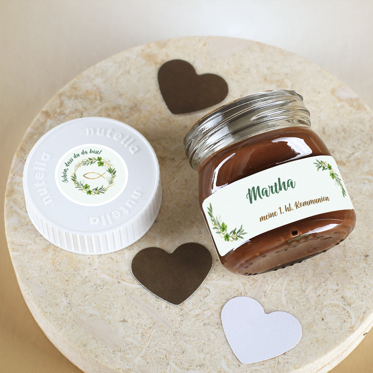 Nutella Gastgeschenk mit Name und Wunschtext im Blätterkranz für Konfirmation