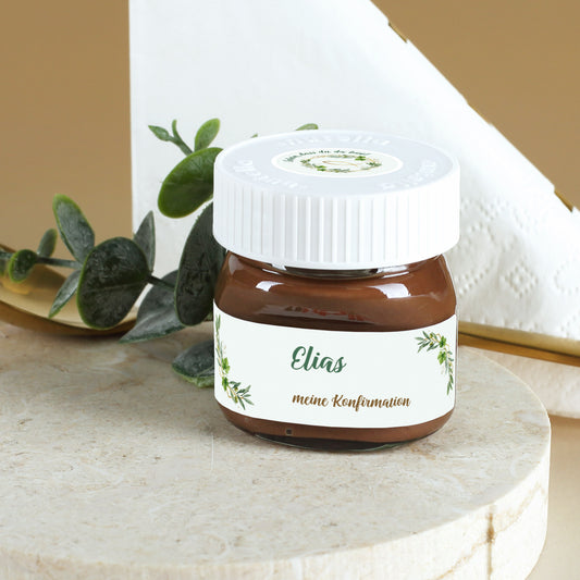 Personalisierte Nutella Mini Gläser zur Taufe mit Eukalyptus Fisch Aufkleber