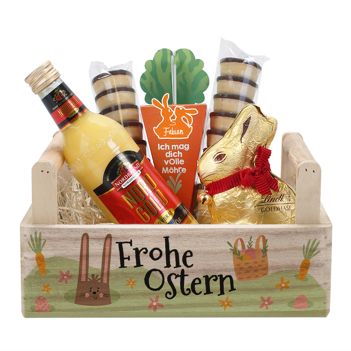 Dekoratives Oster Geschenkset im Holzkorb mit Süßigkeiten und Eierlikör