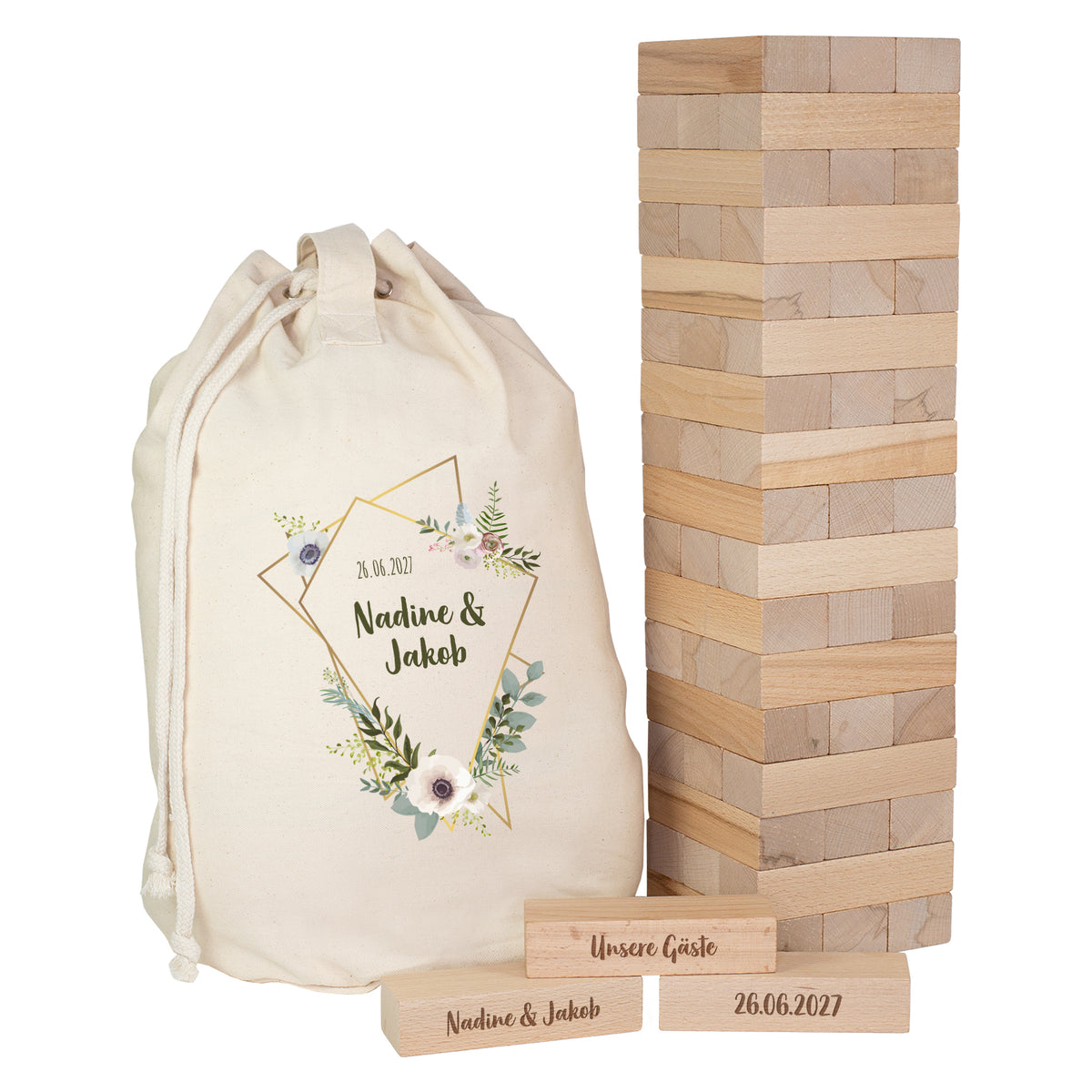 Komplettset aus personalisiertem Seesack, XXL Wackelturm aus Holz und drei gravierten Steinen als kreatives Gästebuch zur Hochzeit