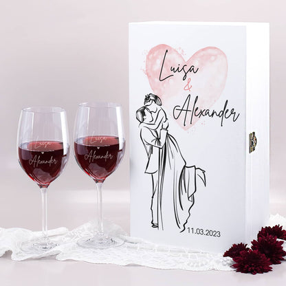 Geschenkset zur Hochzeit aus zwei Weingläsern und Geschenkkiste