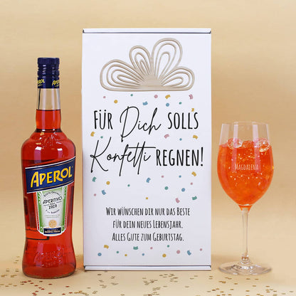 Geburtstagset mit Aperol, bedruckter Geschenkverpackung und graviertem Glas
