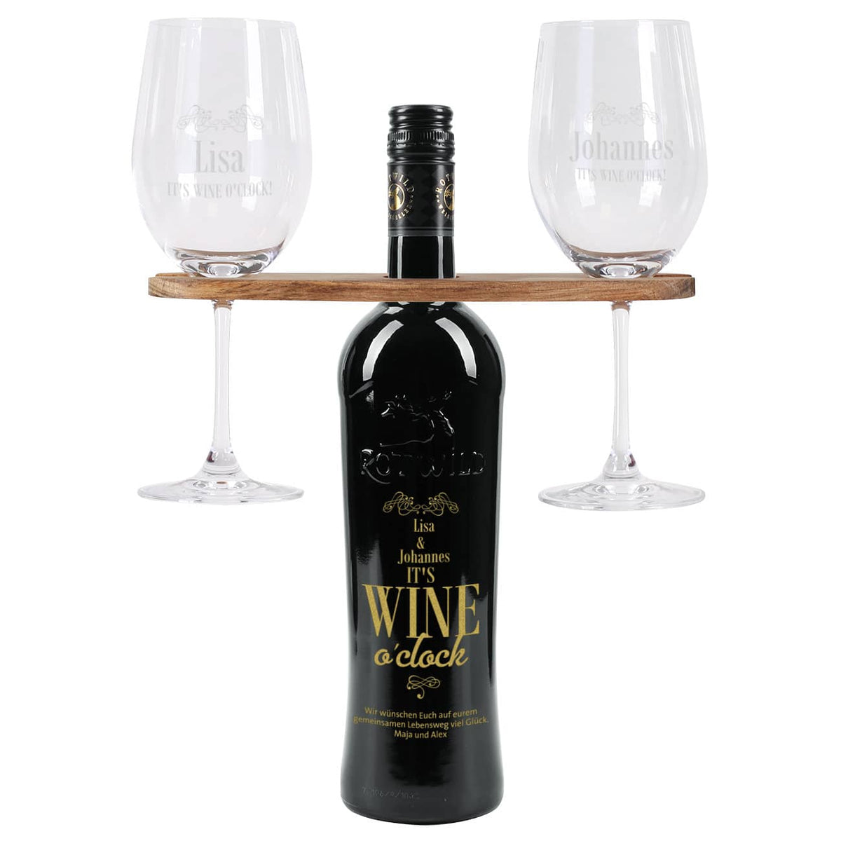 Weingeschenk Set - It`s Wine o`clock! - mit gravierter Weinflasche, Weingläsern und Weinbutler