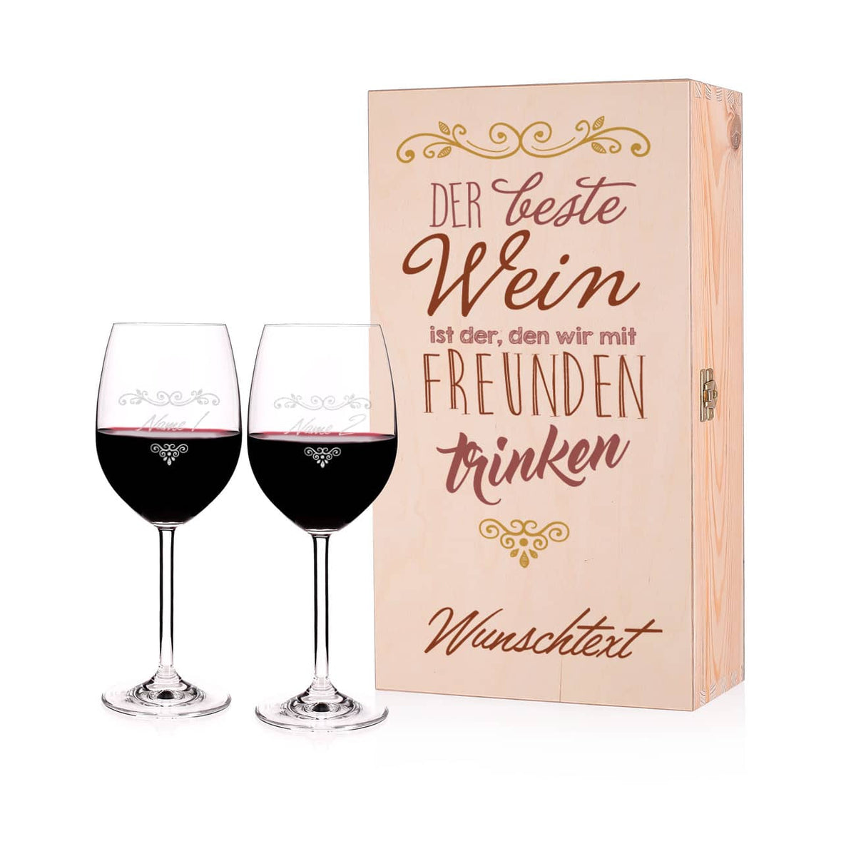 Geschenkset für Weintrinker mit Wein Spruch und personalisierten Gläsern