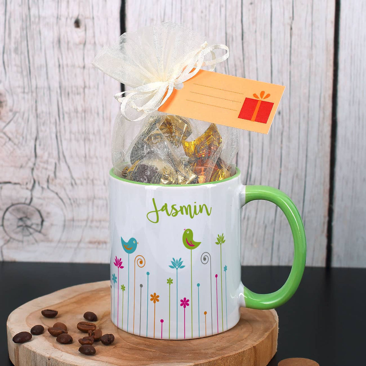 Bunte Frühlingstasse mit Namensaufdruck im Set