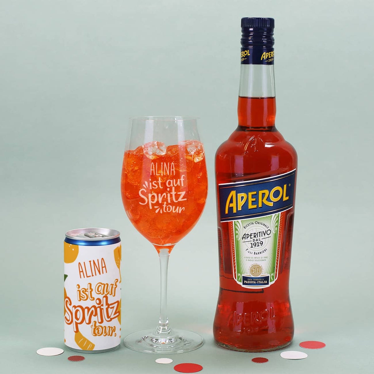 Personalisierte Seccodose, graviertes Weinglas und Flasche Aperol