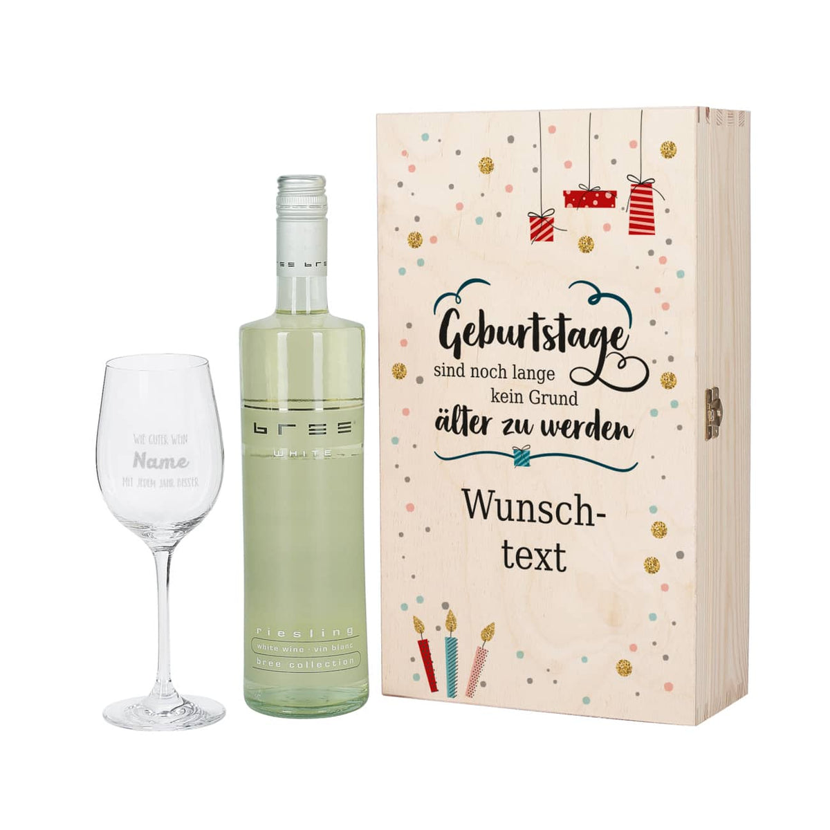 Wein-Set zum Geburtstag mit graviertem Glas in edler Holzverpackung