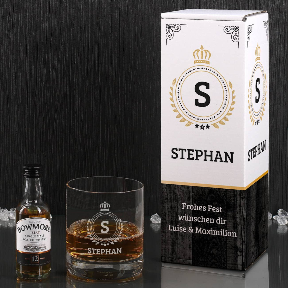 Bowmore Geschenk-Set mit graviertem Glas und 1 Miniatur-Flasche Bowmore 12 Jahre