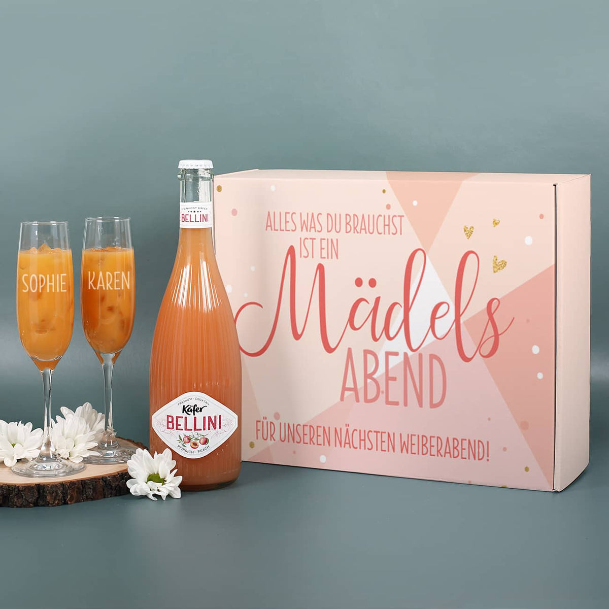 Mädelsabend-Set mit Bellini und 2 Sektgläsern
