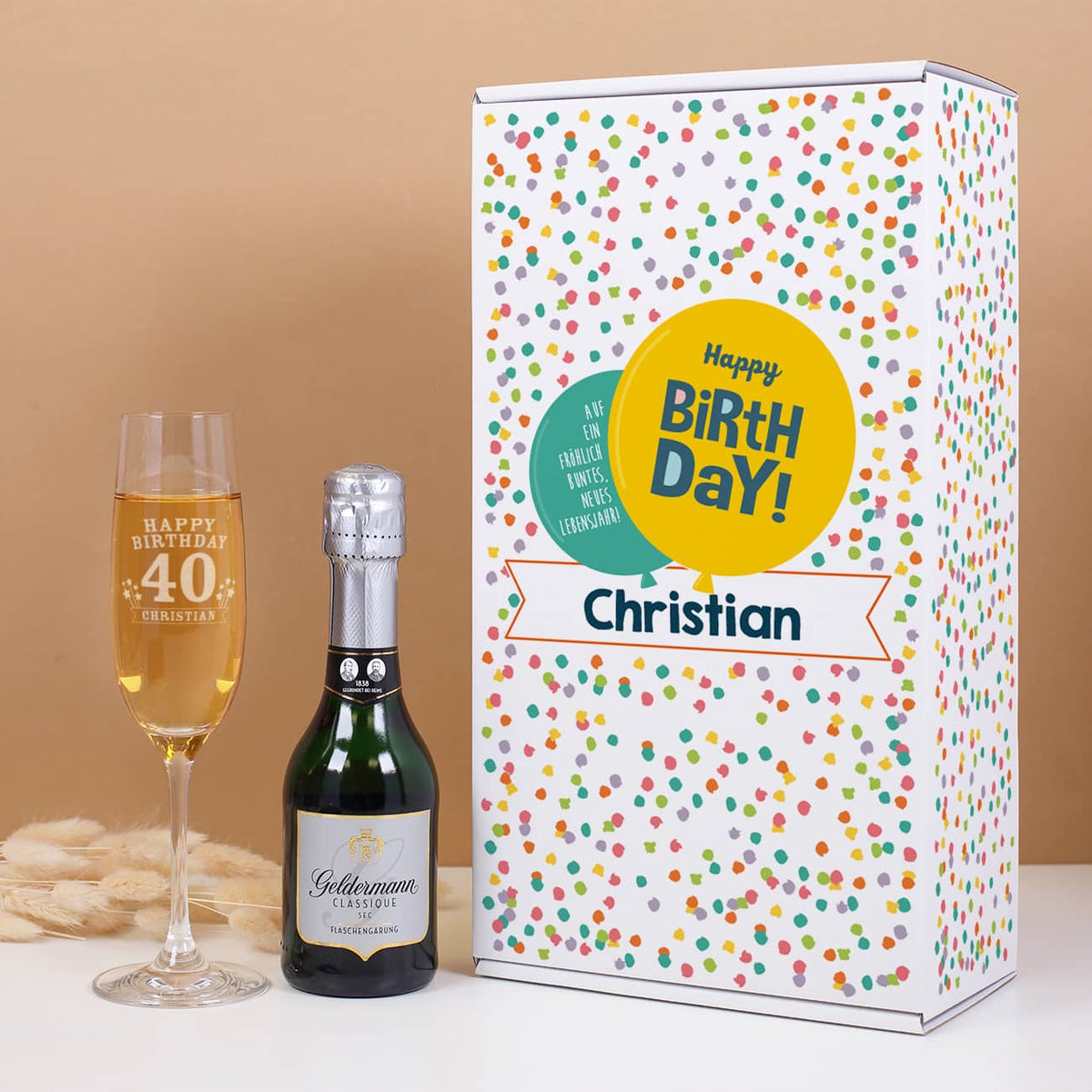 Geburtstagsgeschenkset mit Sektflasche, Sektglas und bedruckter Box mit Name