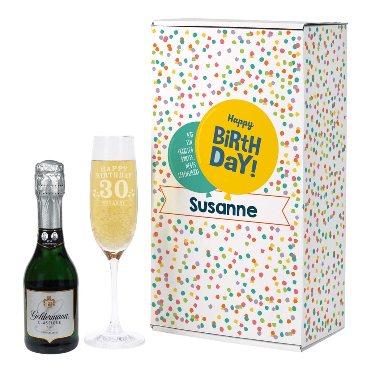 Happy Birthday Geschenkbox mit Sekt und Sektglas mit Name
