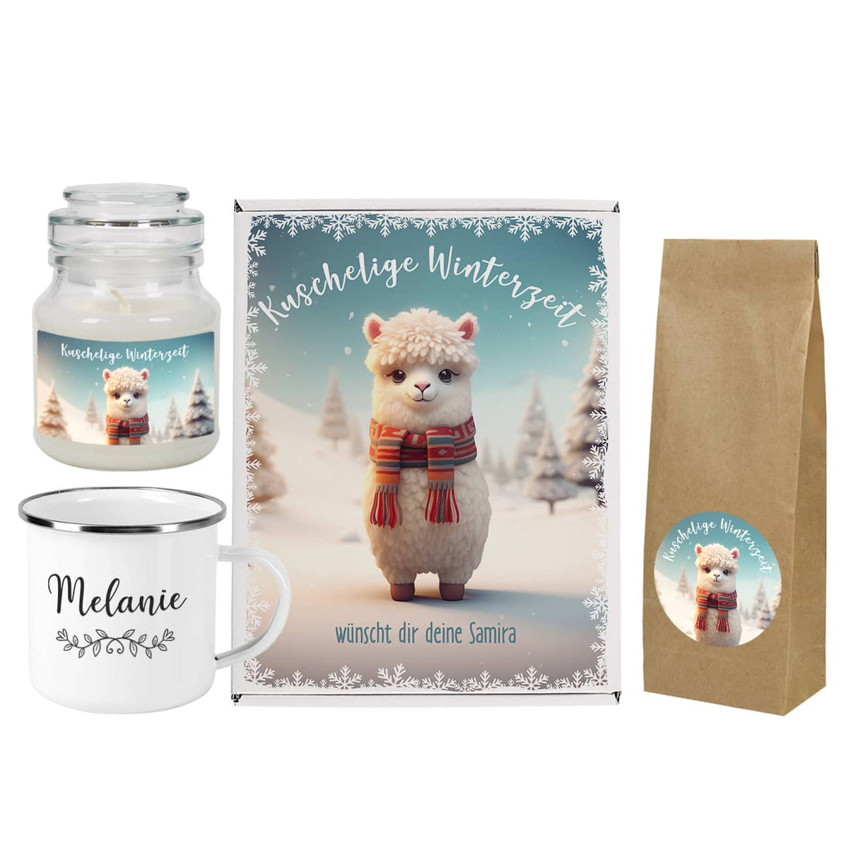 Set bestehend aus Duftkerze, Metalltasse, Geschenkbox und Tee