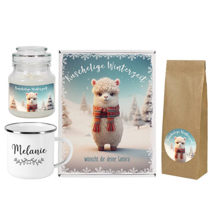 Set bestehend aus Duftkerze, Metalltasse, Geschenkbox und Tee