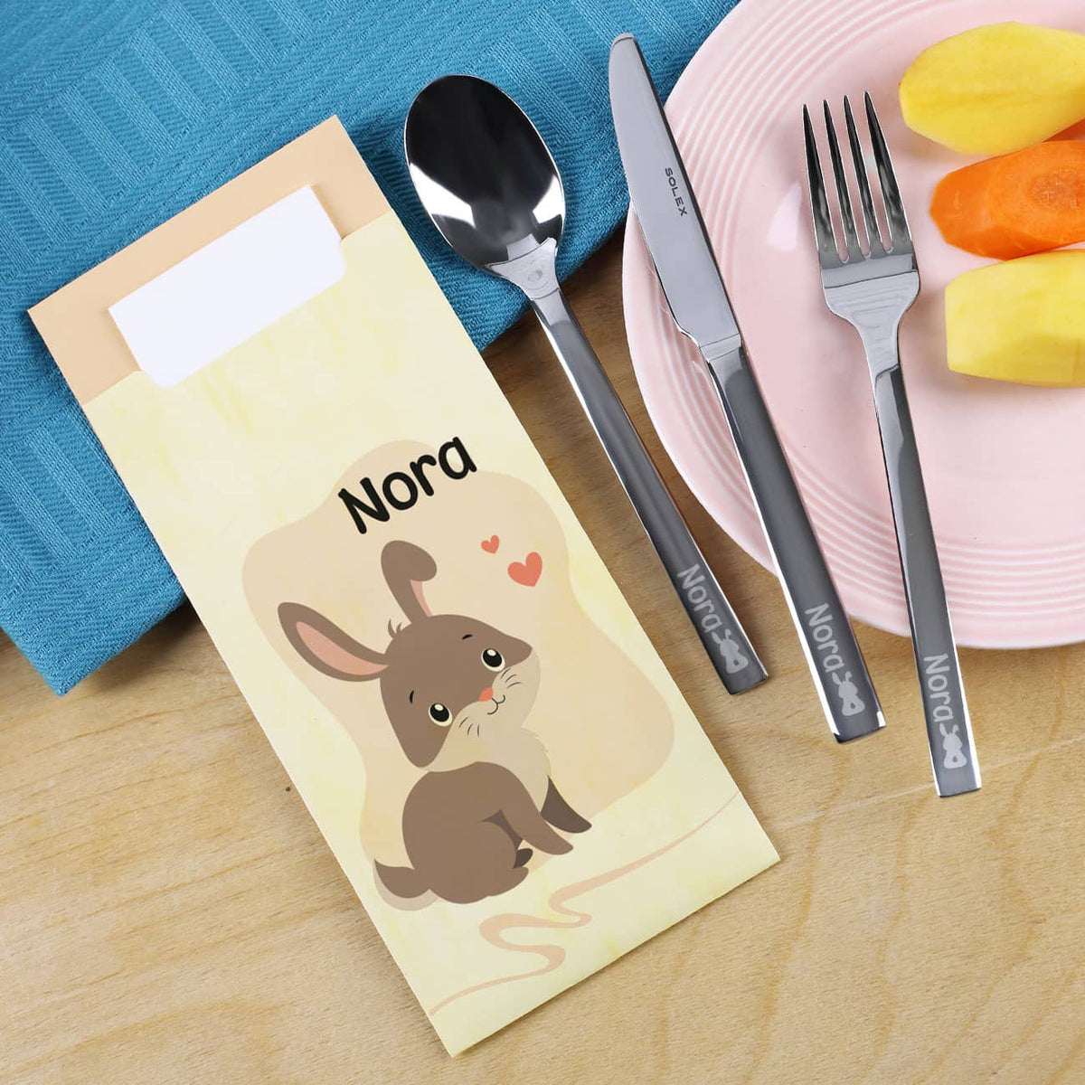 Besteckset für Kinder mit Häschen und Namensgravur