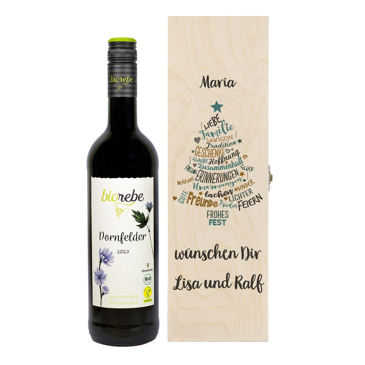 Flasche Biorebe Dornfelder 2023 mit Holzbox „Frohe Weihnachten“ und Namensgravur Maria, Lisa und Ralf