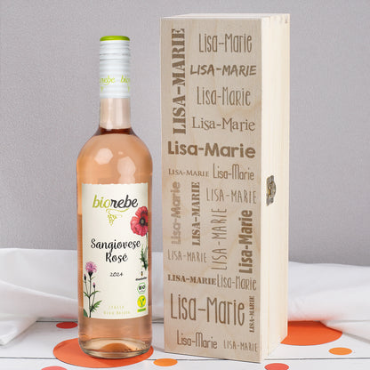 Biorebe Wein in gravierter Holzbox mit Ihrem Wunschnamen | Bienenfreundlich, Nachhaltig, Vegan