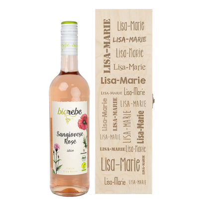 Biorebe Wein in gravierter Holzbox mit Ihrem Wunschnamen | Bienenfreundlich, Nachhaltig, Vegan