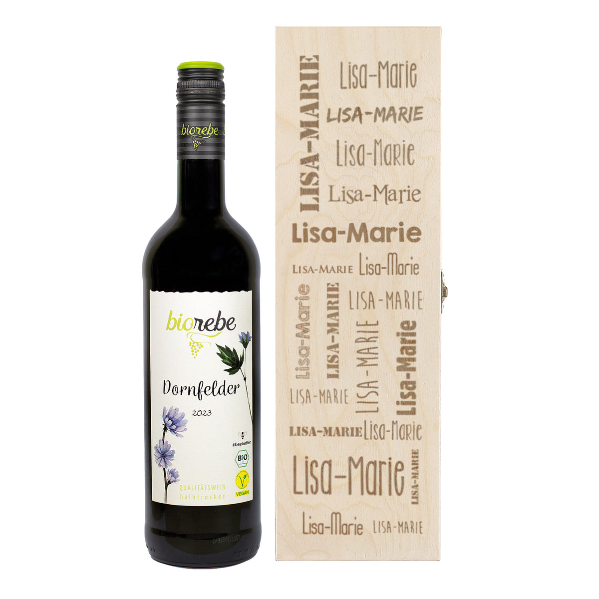 Biorebe Wein in gravierter Holzbox mit Ihrem Wunschnamen | Bienenfreundlich, Nachhaltig, Vegan