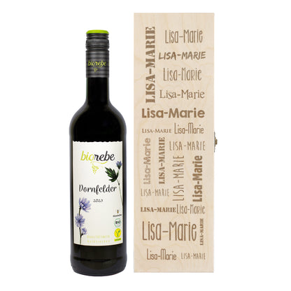 Biorebe Wein in gravierter Holzbox mit Ihrem Wunschnamen | Bienenfreundlich, Nachhaltig, Vegan
