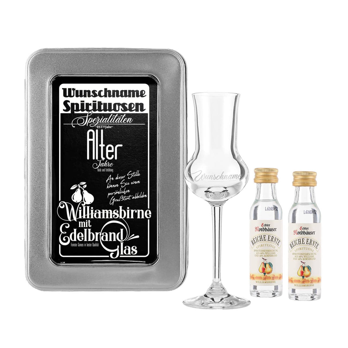 Geschenkset bestehend aus Williamsbirne Schnaps mit graviertem Schnapsglas in nostalgisch bedruckter Metallkiste