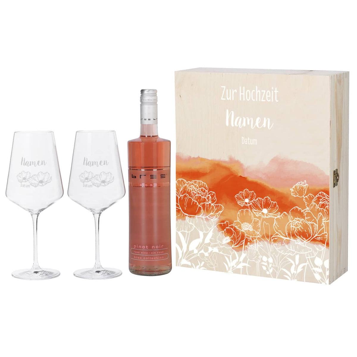 Wein-Set zur Hochzeit mit zwei gravierten Gläsern in persönlicher Box
