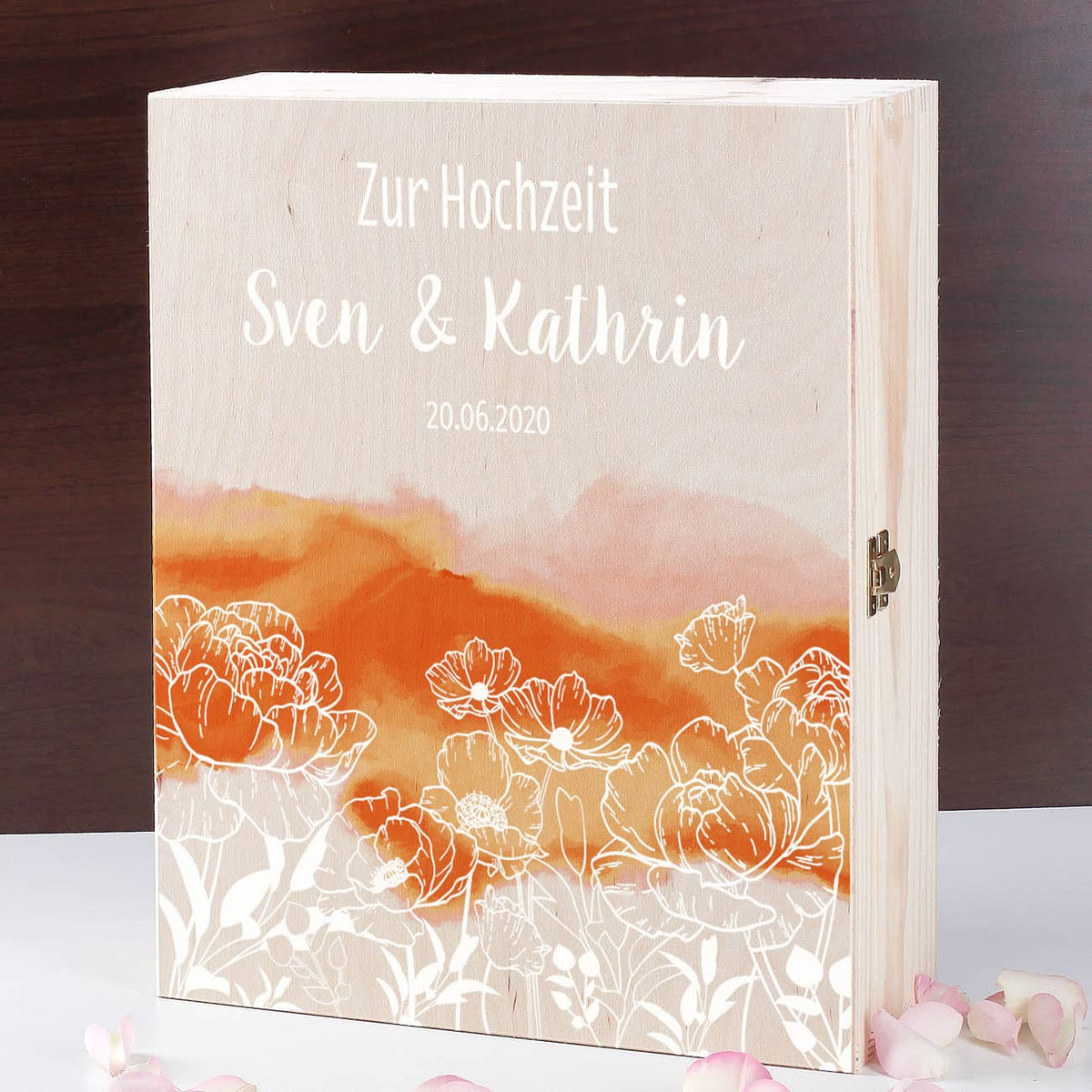 Große bedruckte Holzbox mit Blumen im Line Art Stil, Ihren Wunschnamen und einem Datum Ihrer Wahl