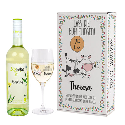 Lass die Kuh fliegen! Geschenkset zum Geburtstag mit Biorebe Wein, Glas und Box