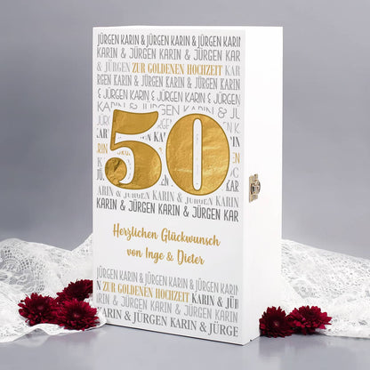 Weingläser zur goldenen Hochzeit in bedruckter Geschenkbox