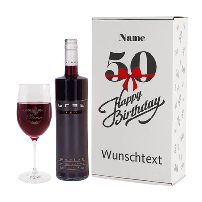 Geschenkset zum 50. Geburtstag mit graviertem Weinglas und Weinflasche in bedruckter Geschenkbox