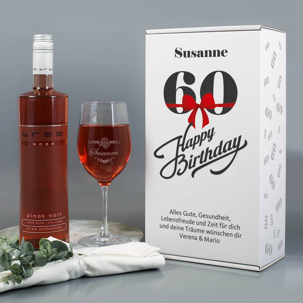 Weinset zum 60. Geburtstag mit graviertem Weinglas in Geschenkbox