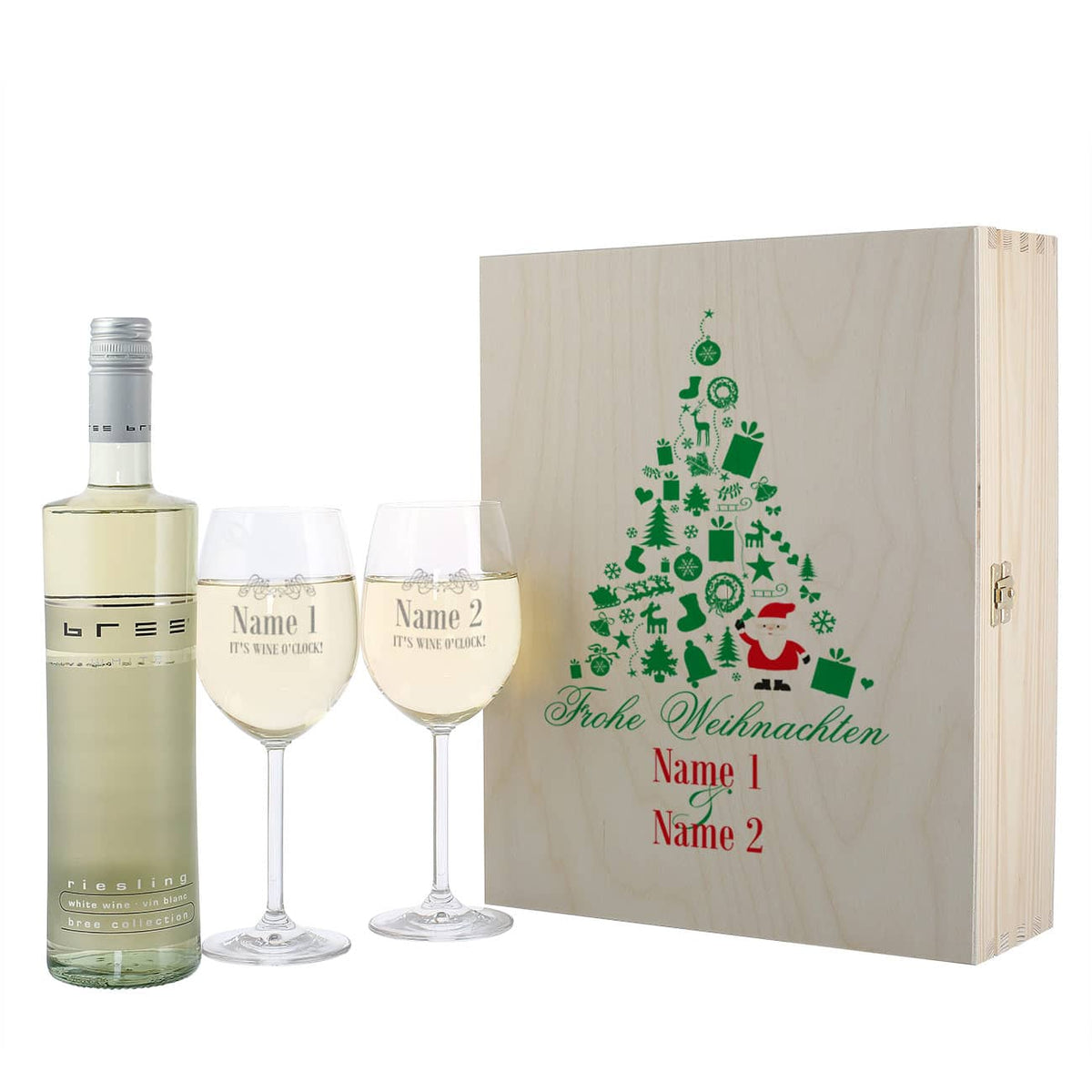 weihnachtliches Weinset aus 2 gravierten Gläsern mit Wein in Holzbox